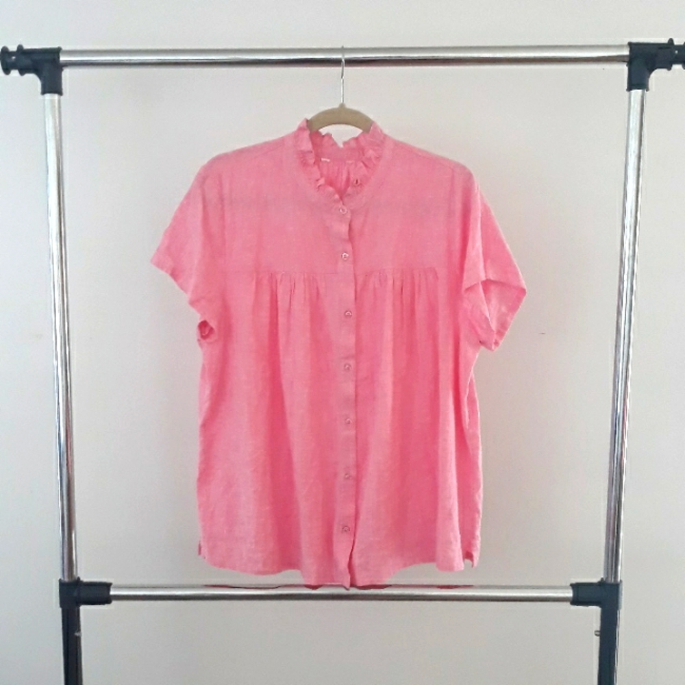 Crown & Ivy  Ruffle Linen Blend Mock Neck Button Up Babydoll Shirt #0202